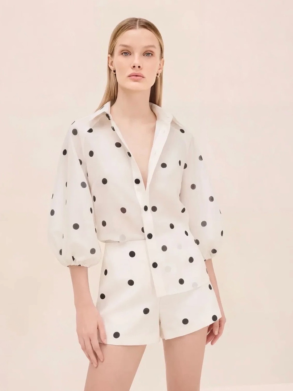 Alexis White Black Polka Dot Button-Down Puff Sleeve Top/Bottoms
